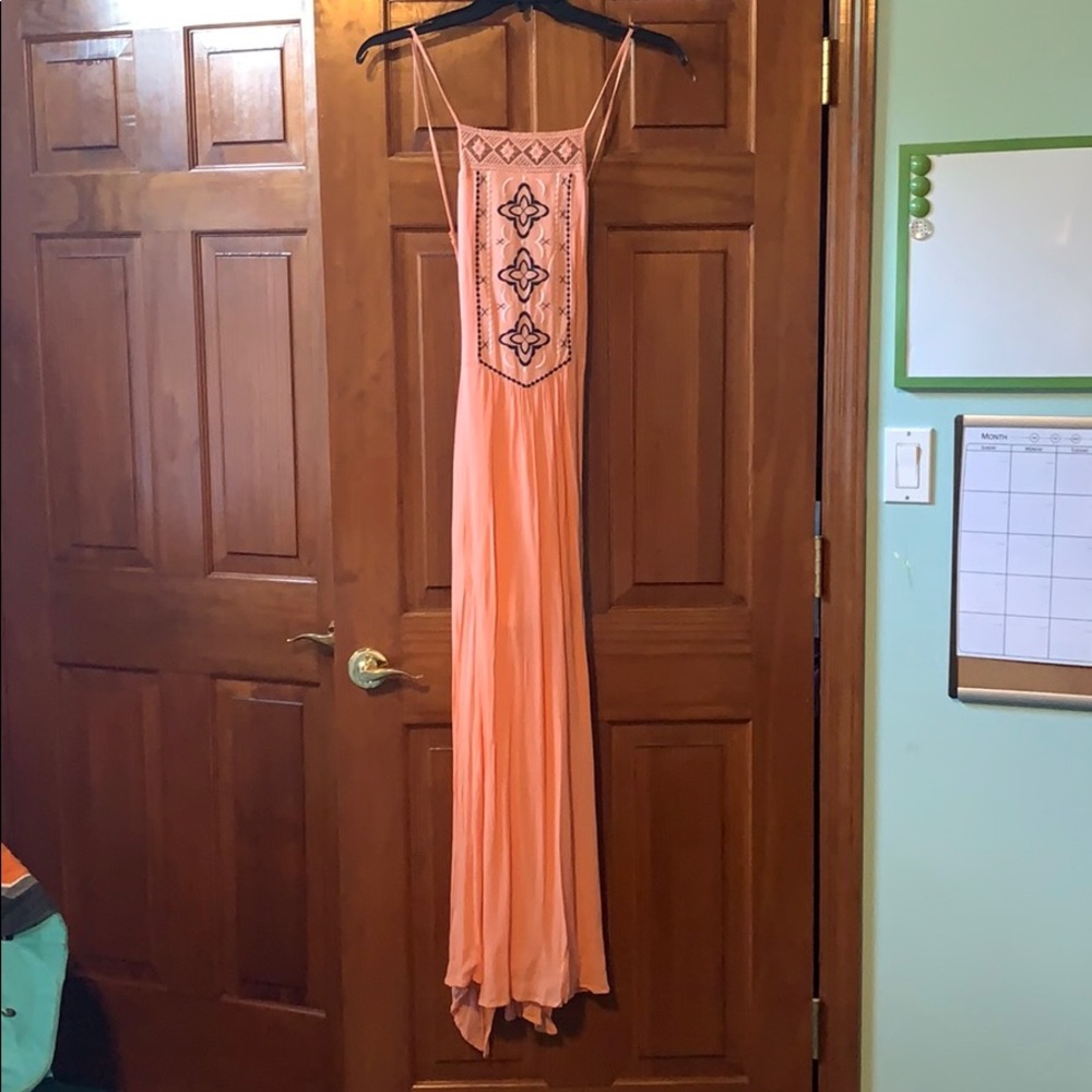 Coral Maxi Dress with Blue and White Detail
